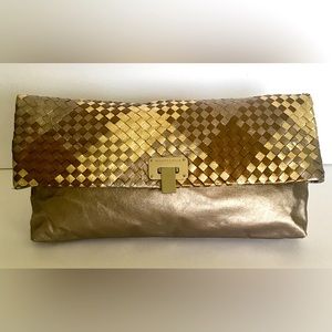 Elliot Lucca Silver Large Gold Metallic Pewter Clutch with Strap